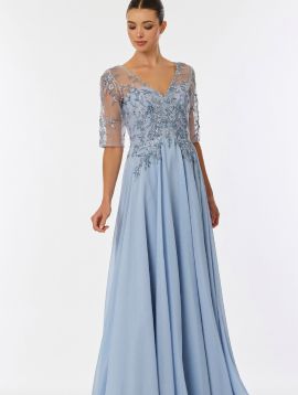 Agnes Beaded Applique Evening Gown in Light Blue
