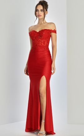 Lenora Off-Shoulder Evening Gown in Burgundy