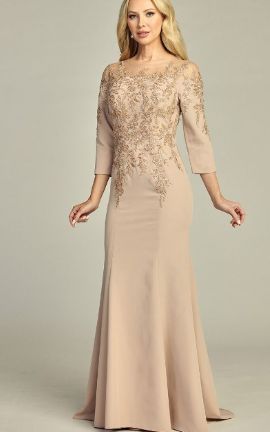 Larea Applique Bodice Evening Gown in Champagne