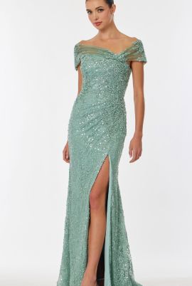 Seona Beaded Evening Dress in Sage Green