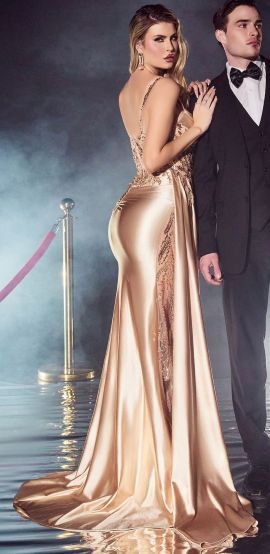Beatrisa Evening Gown with Sash in Champagne