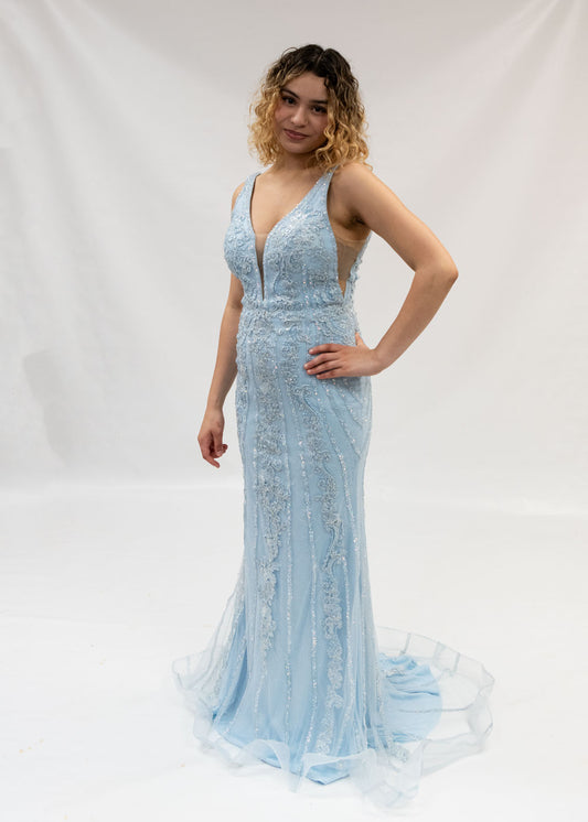 Light Blue Applique Prom Gown