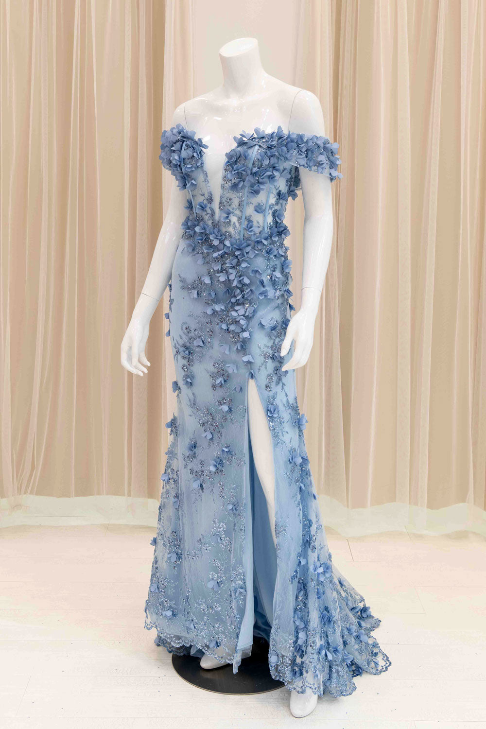 Off Shoulder 3D Flower Prom Gown in Baby Blue