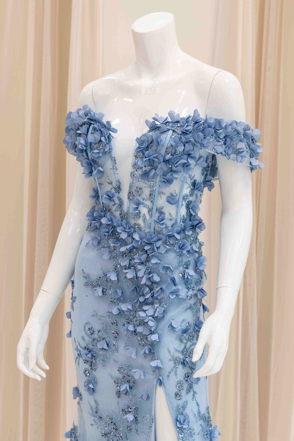 3D Flower Off Shoulder Evening Gown with Slit