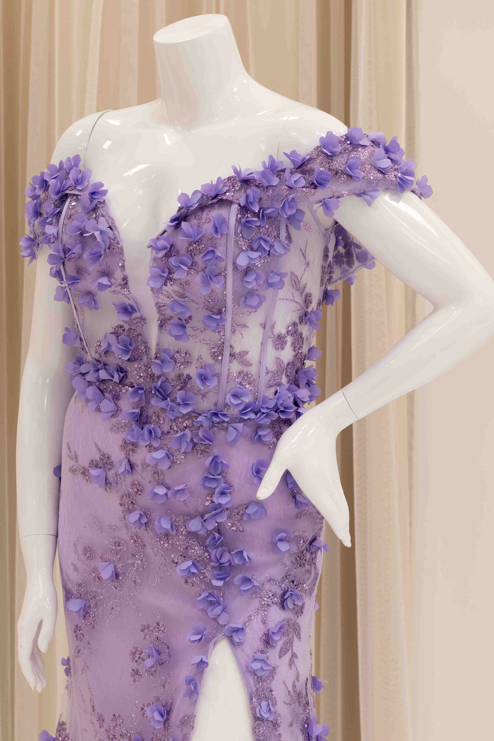 3D Flower Evening Dress with Slit in Lavender