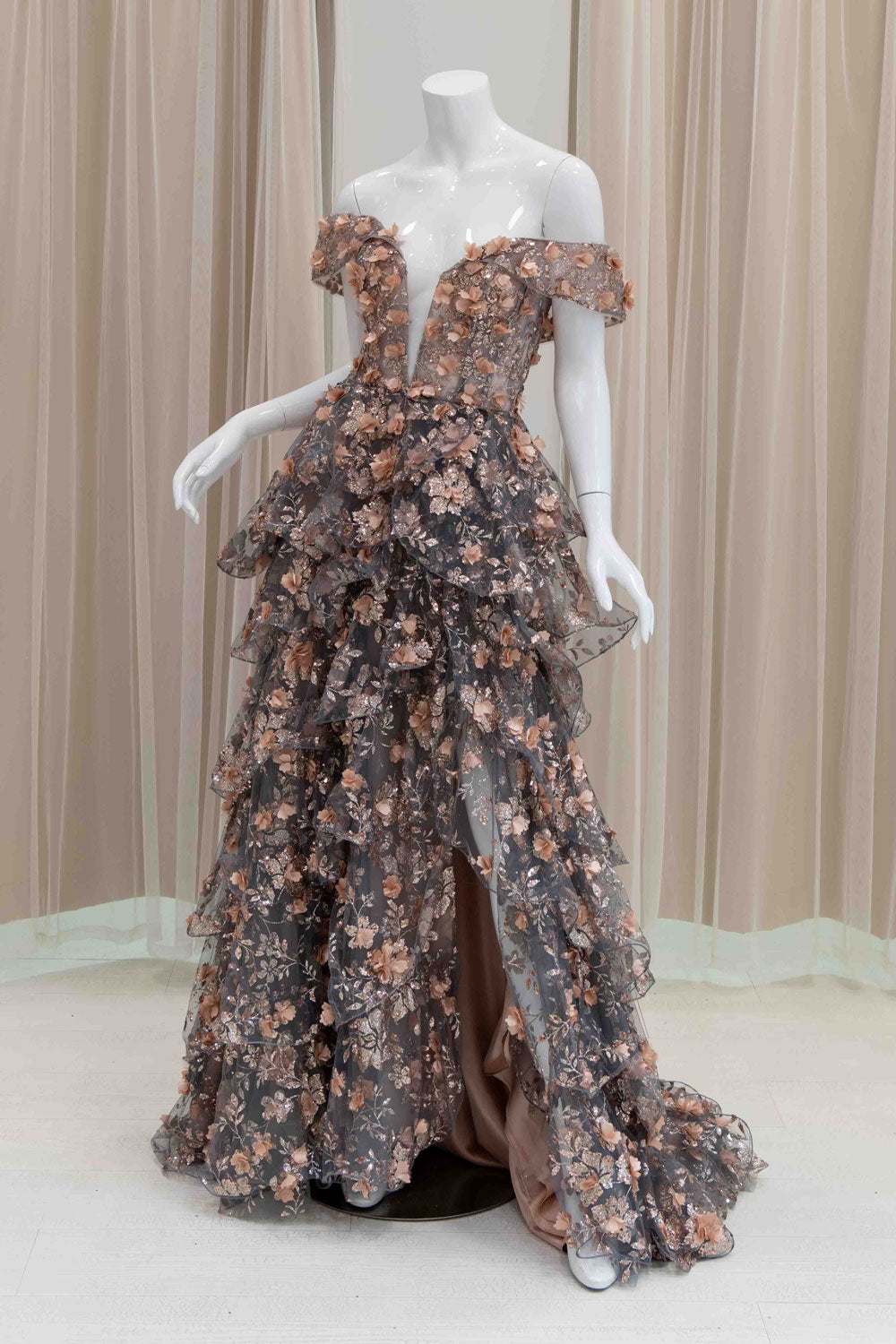 Tiered Skirt 3D Glitter Flower Evening Gown in Grey and Rose Gold