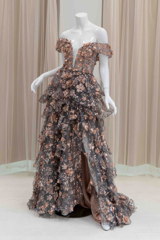 Tiered Skirt 3D Glitter Flower Evening Gown in Grey and Rose Gold