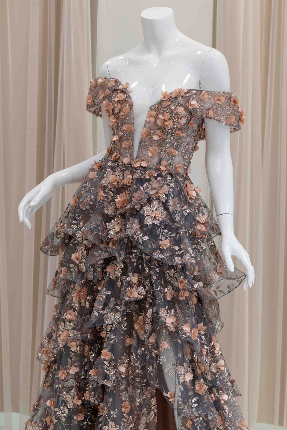 Off Shoulder Tiered Skirt Glitter Prom Gown
