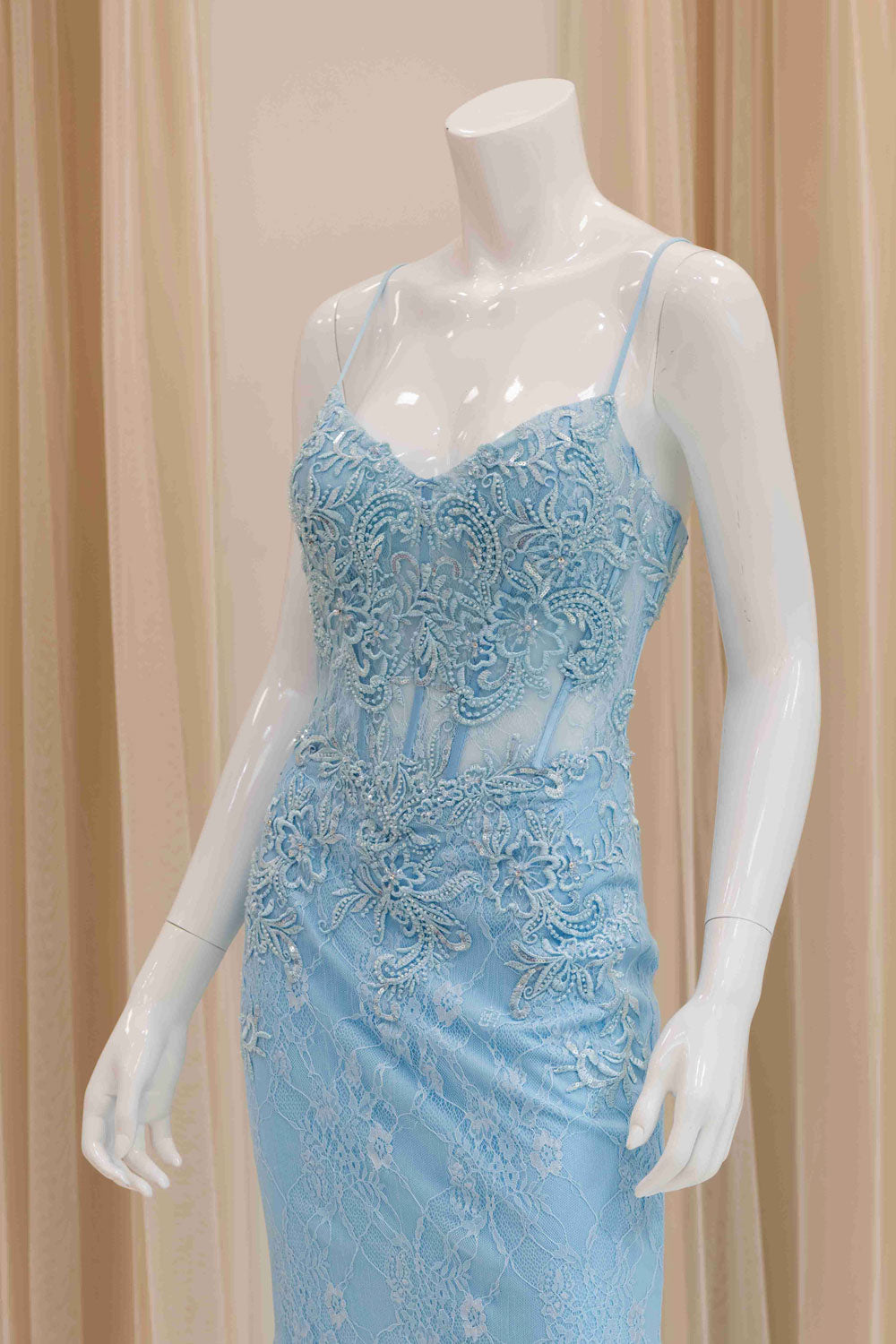 Light Blue Lace Prom Gown with Train