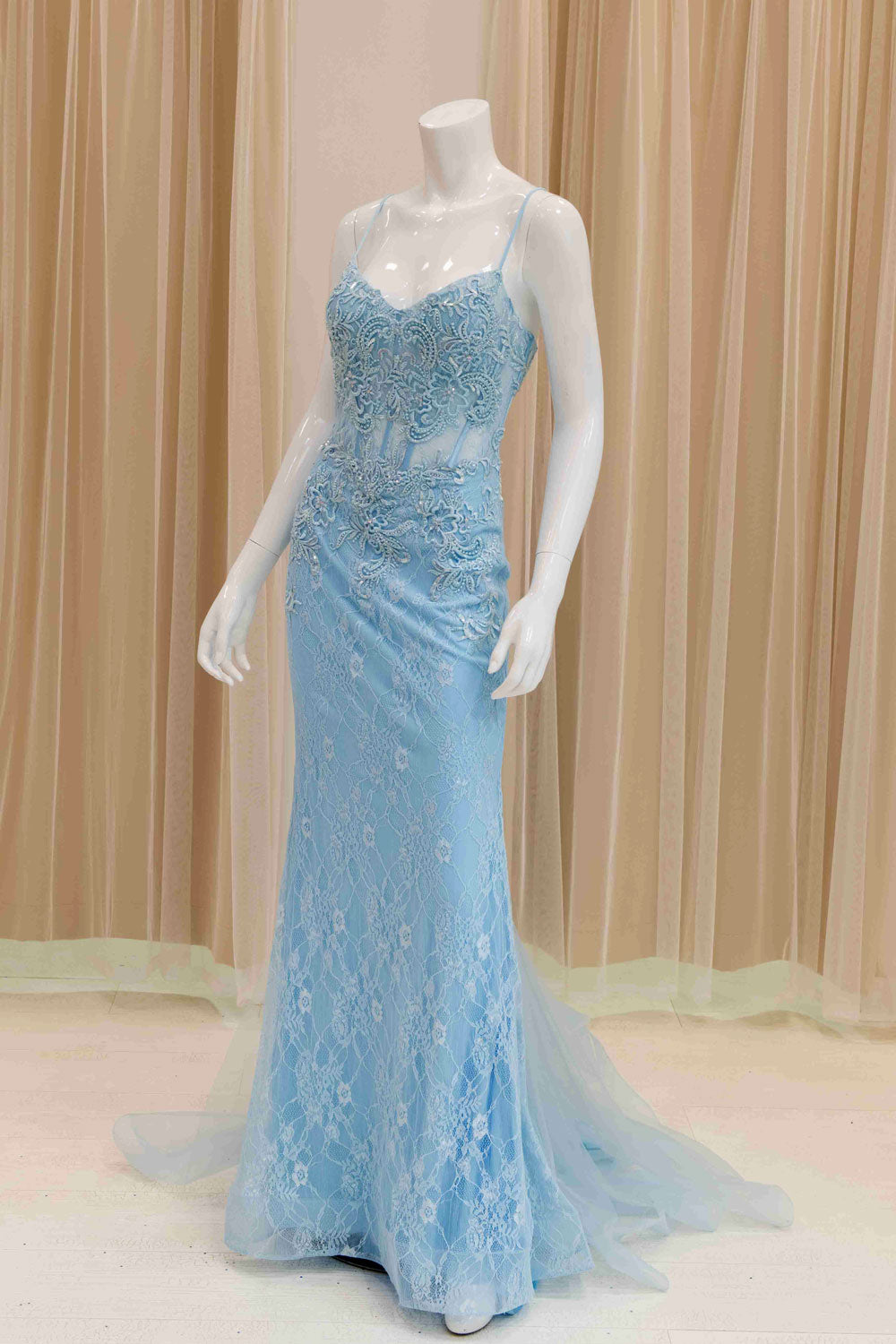 Tie Back Corset lace Prom Gown in Baby Blue