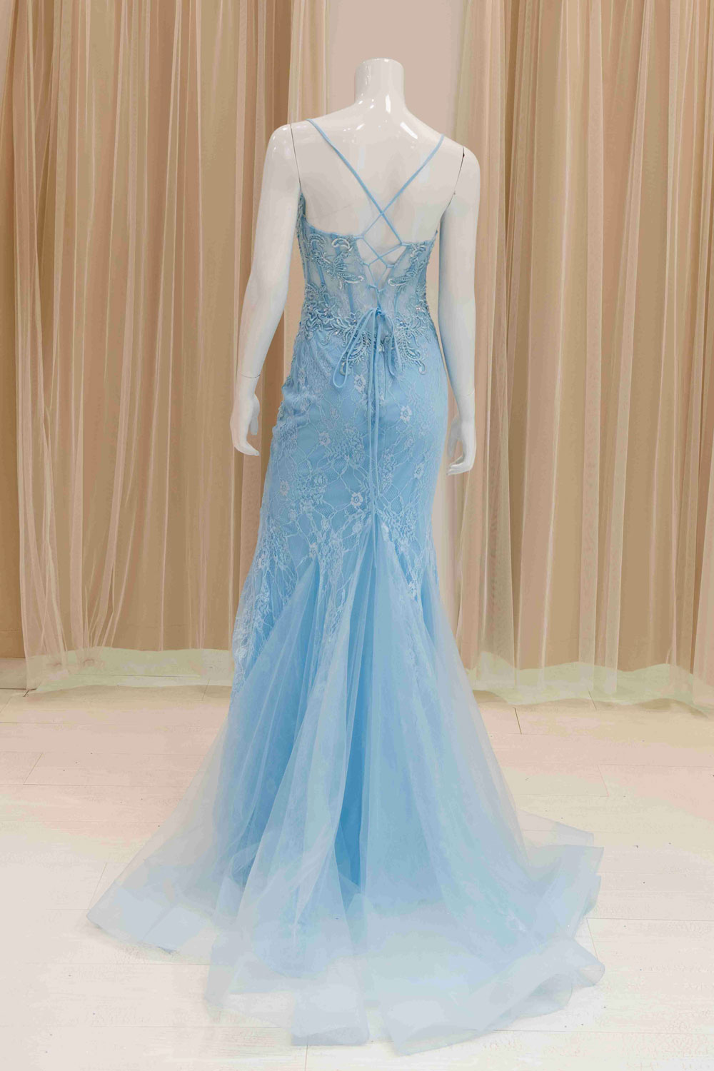 Lace Tie Back Prom Gown with Train