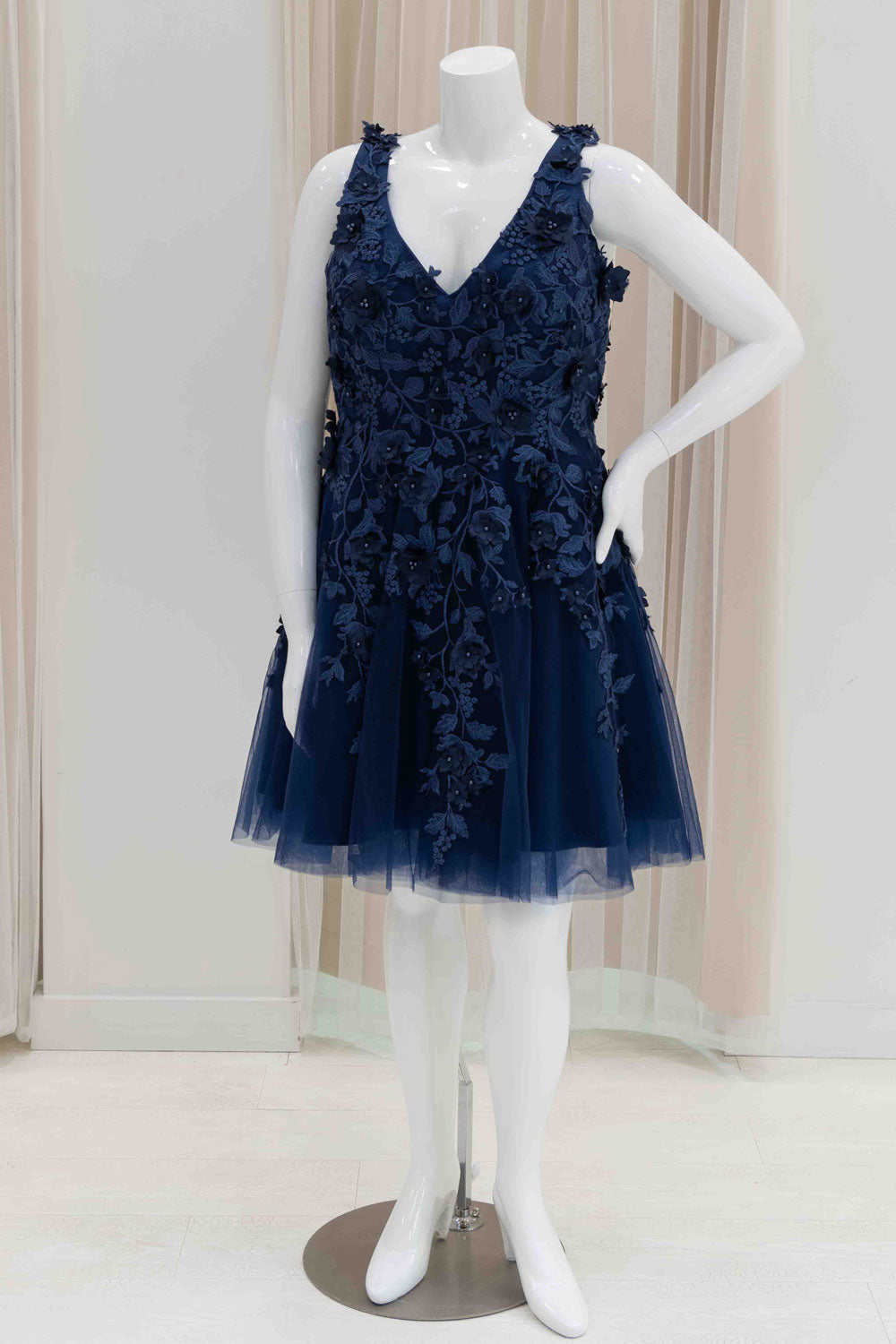 3D Flowers V-Neck Short Fit and Flare Dress in Navy Blue