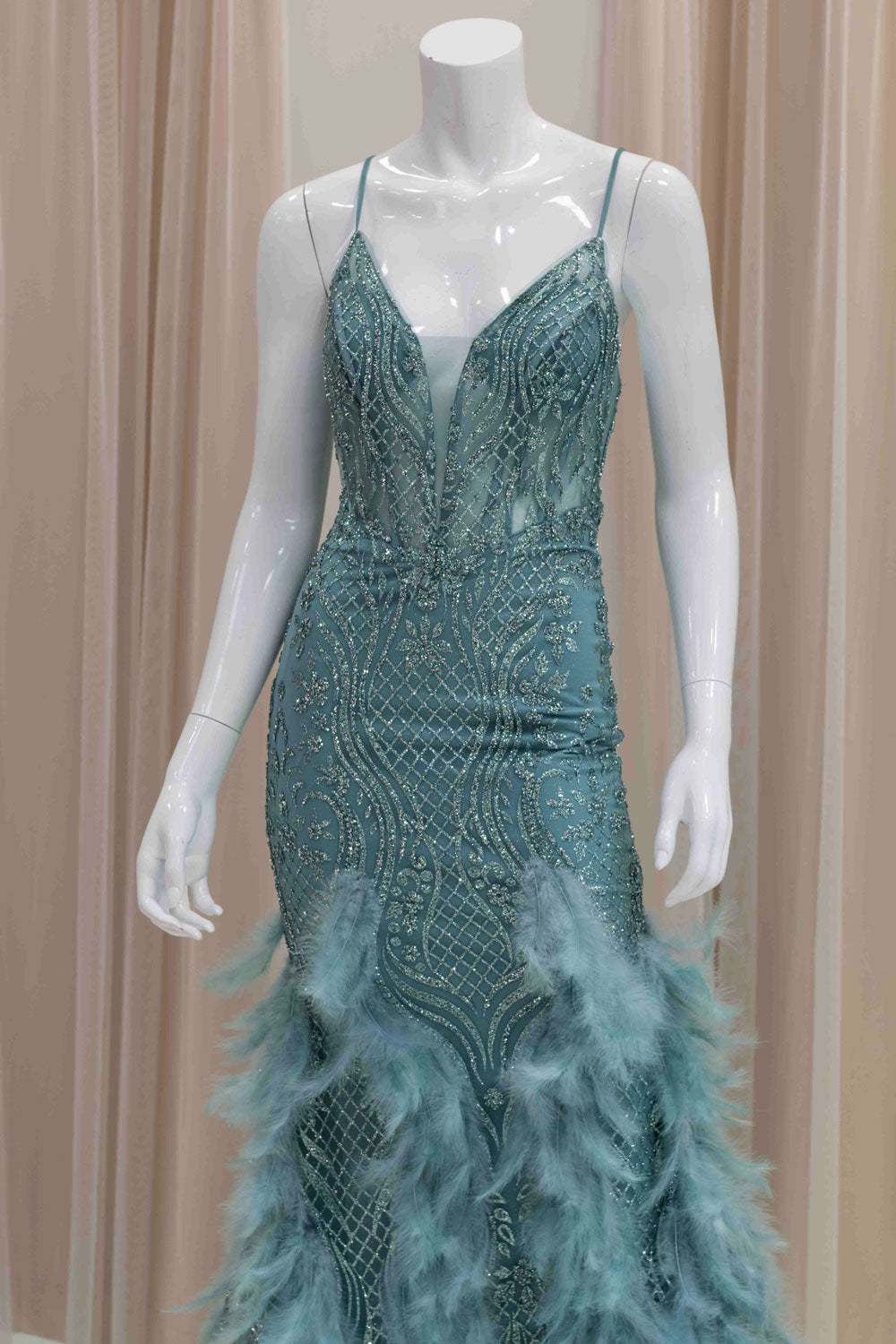 Sage Green Feather Mermaid Evening Gown
