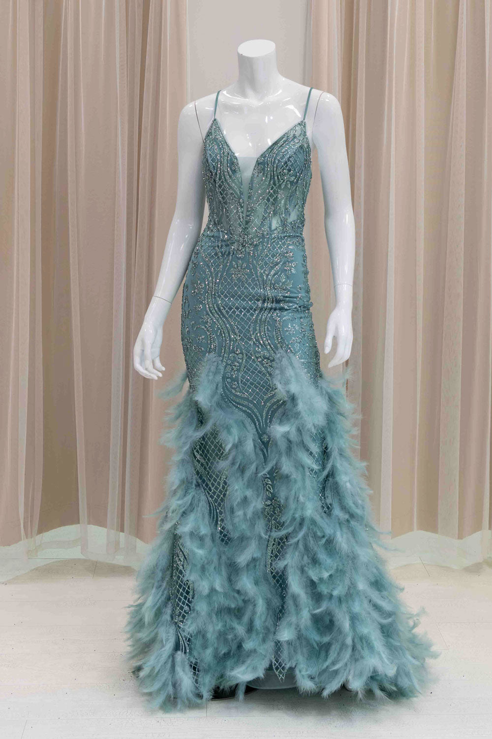 Sage Green Feather Prom Gown