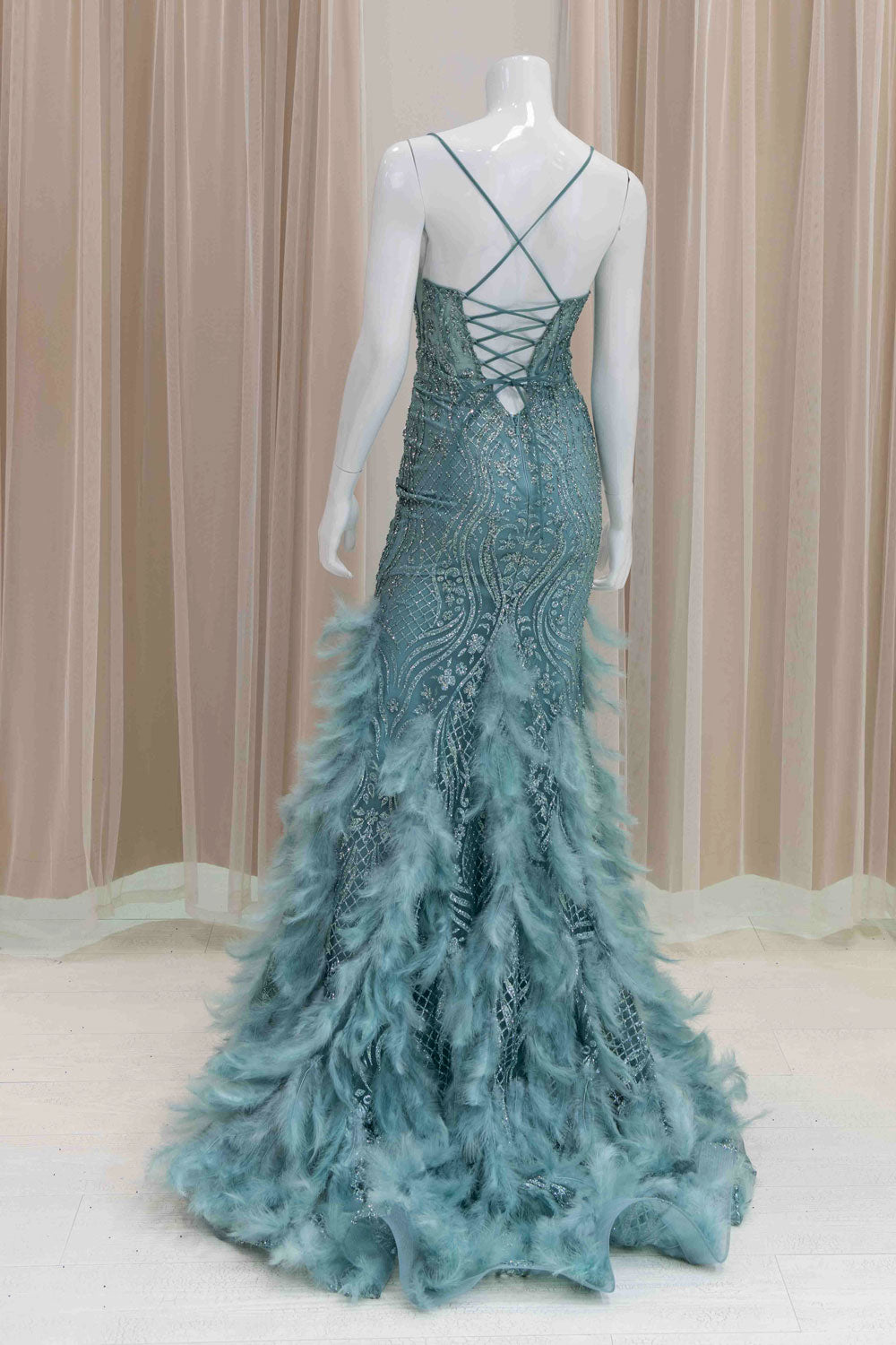 Sage Green Sexy Glitter and Feather Prom Gown