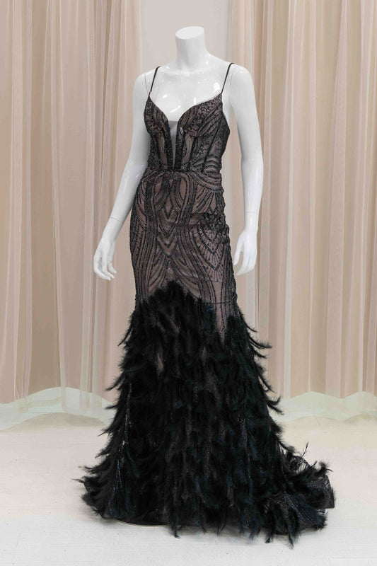 Black and Nude Feather Mermaid Evening Gown 