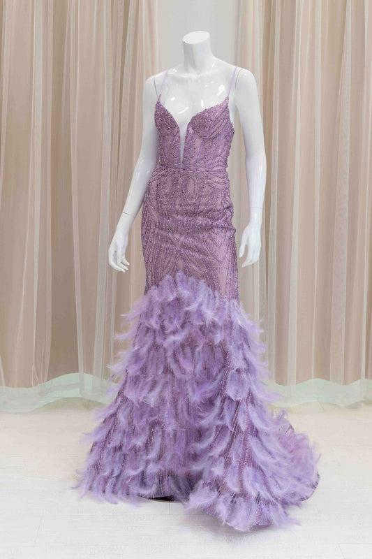 Glitter Mermaid Evening Gown with Feather Train