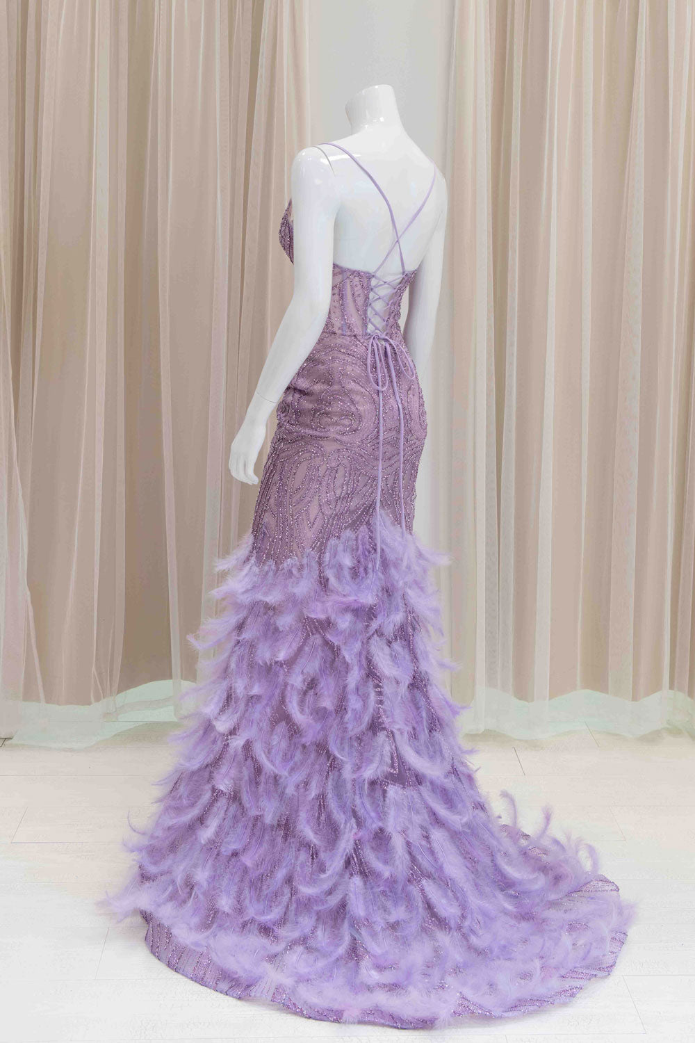 Prom Dress in Lavender with Feather Train