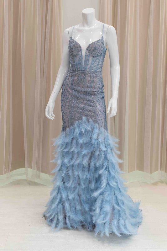 Baby Blue Mermaid Prom Gown with Feather Train