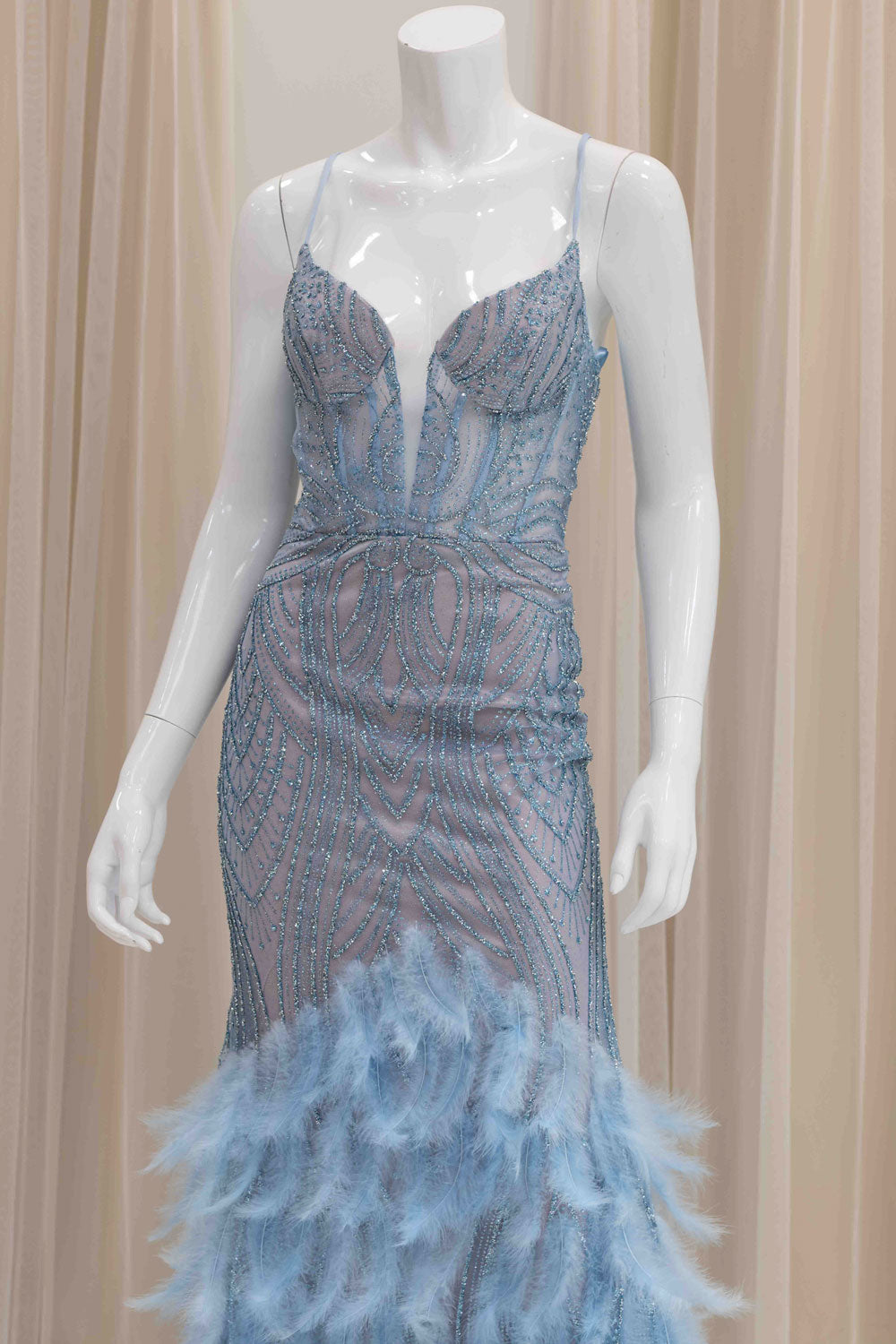 Light Blue Evening Gown With Feather Train