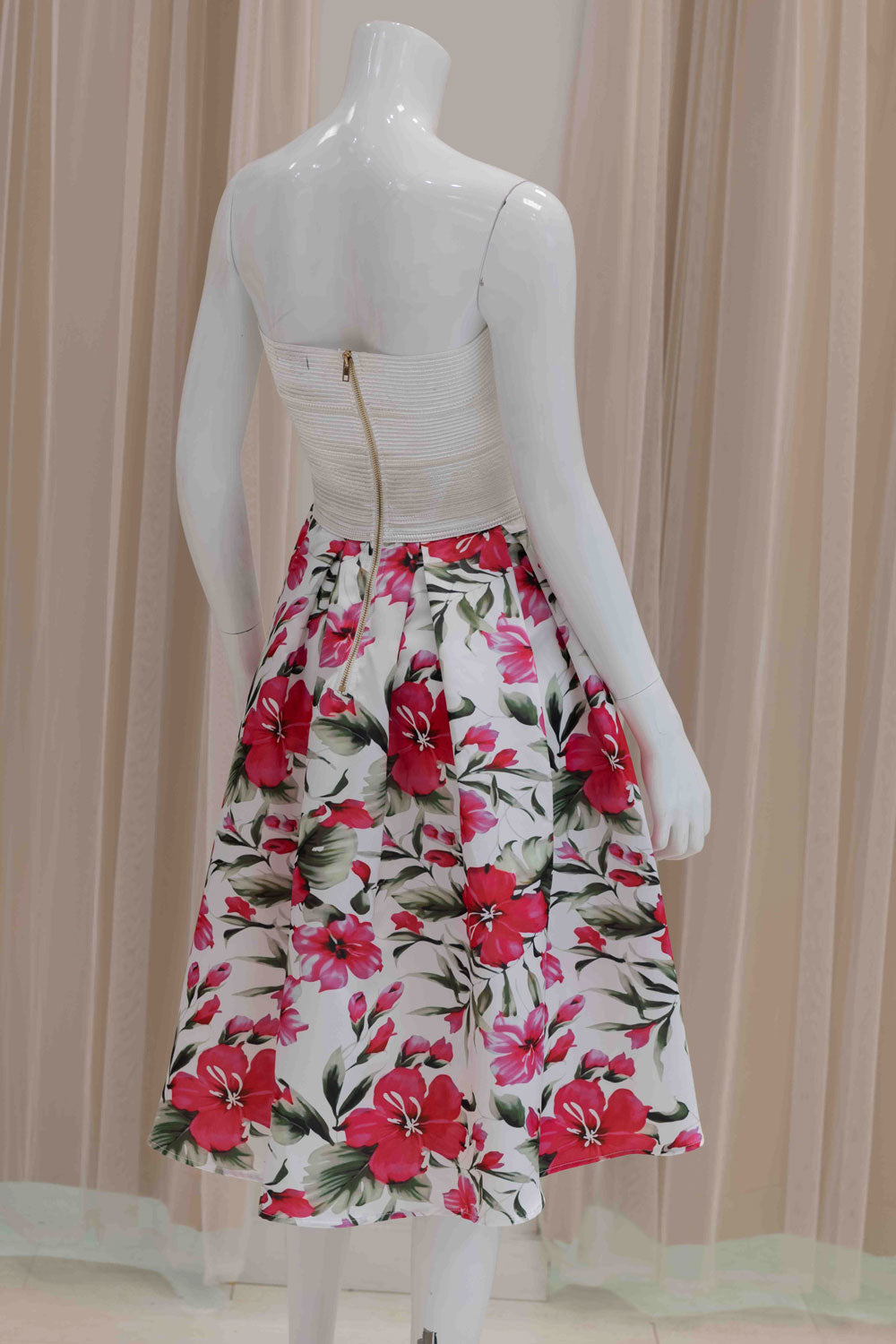 White Strapless Bodice and Floral Skirt Midi Dress