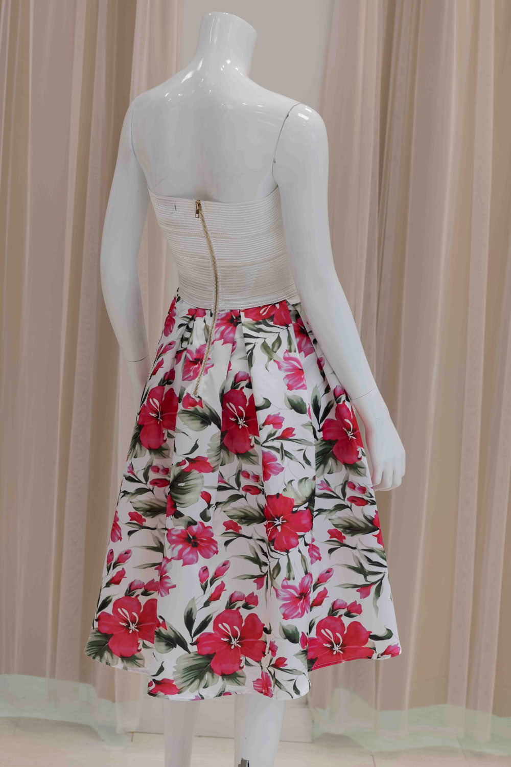 White Strapless Bodice and Floral Skirt Midi Dress
