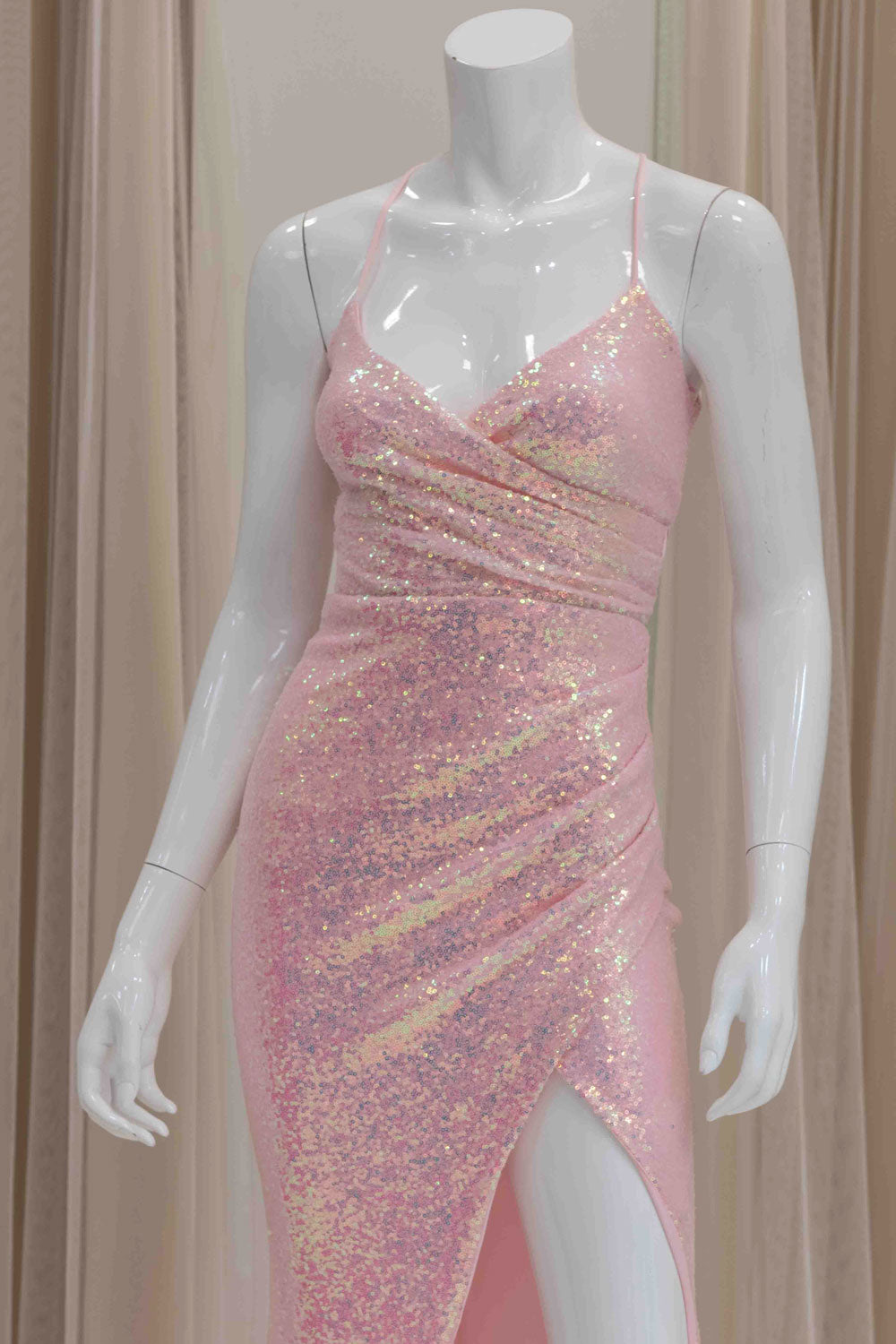 Iridescent Pink Sexy Tie Back Evening Gown with Slit