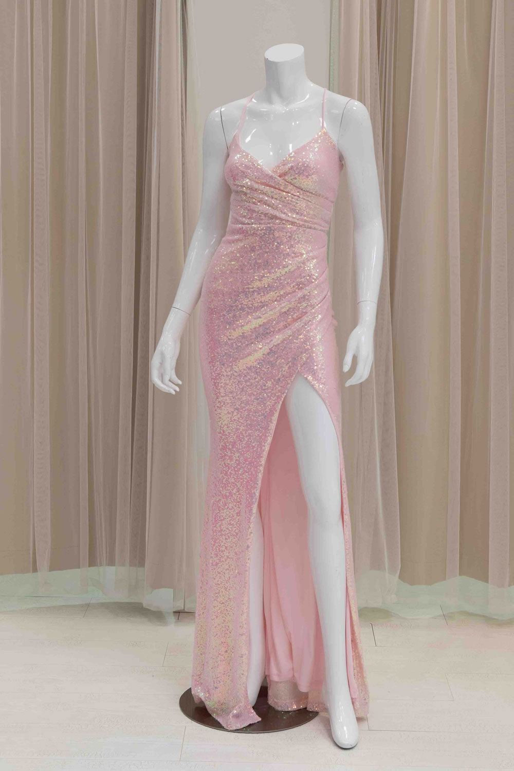 Iridescent Pink Sequin Form Fitting Evening Gown