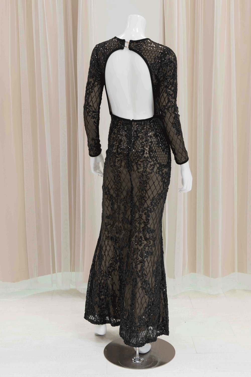 Open Back Sequin Long Sleeve Evening Gown in Black