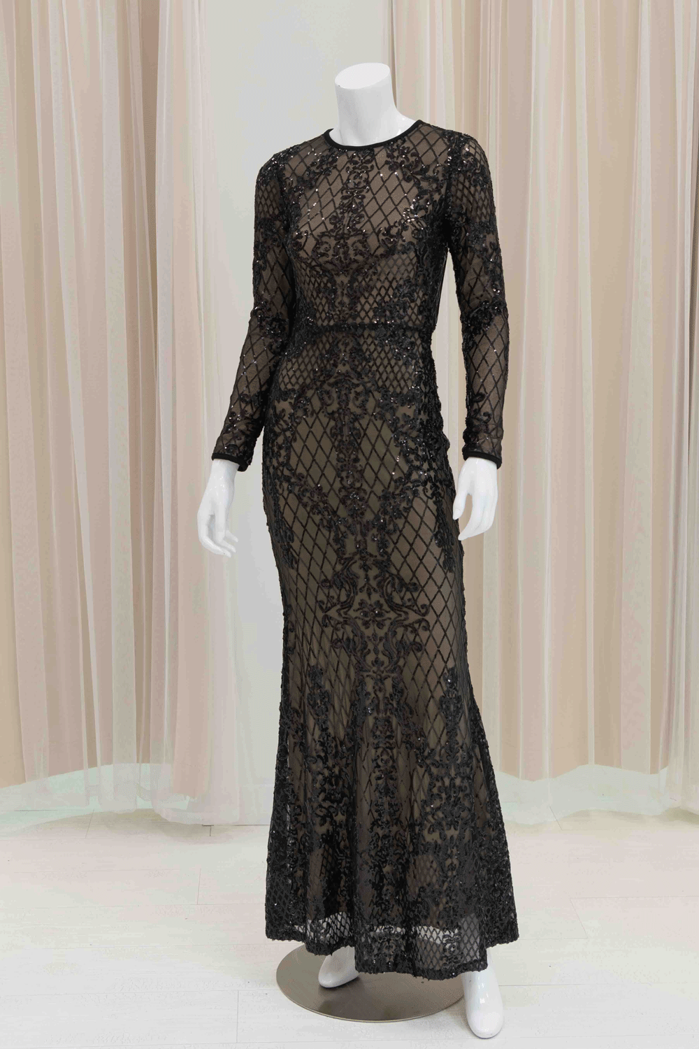 Open Back Sequin Long Sleeve Black and Nude Evening Gown