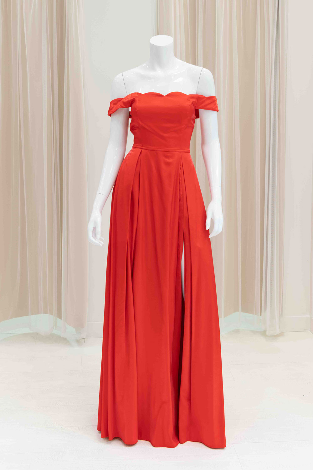 Simple Off Shoulder Shiny Satin Bridesmaids Dress in Red