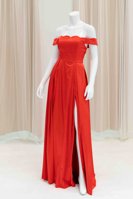 Simple Off Shoulder Shiny Satin Ball Gown in Red