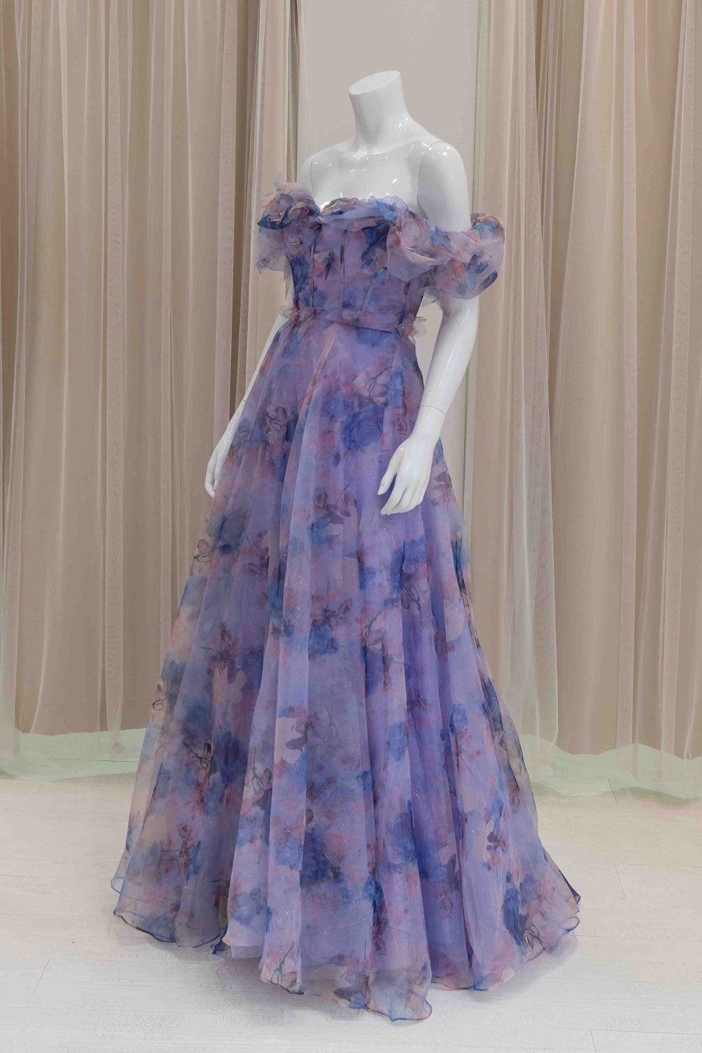 Organza Floral Print Ruffle Off-Shoulder A-line Gown