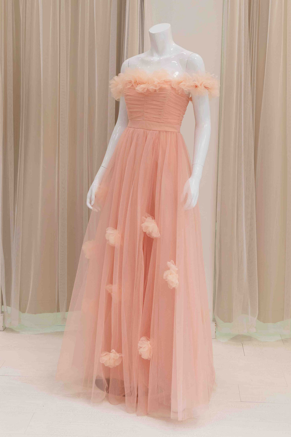 Peach Tulle Off Shoulder Ball Gown 