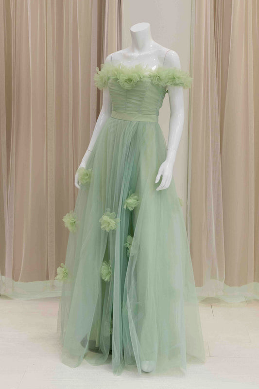 Romantic Tulle Off Shoulder Ball Gown in Sage Green