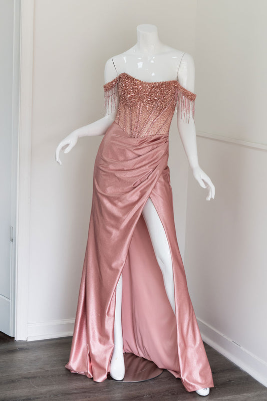 Rose Gold Evening Gown With Off-shoulder Crystal Fringe