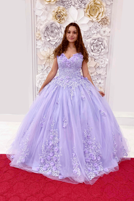 Lavender 3D Flower Spaghetti Strap Quinceanera Dress