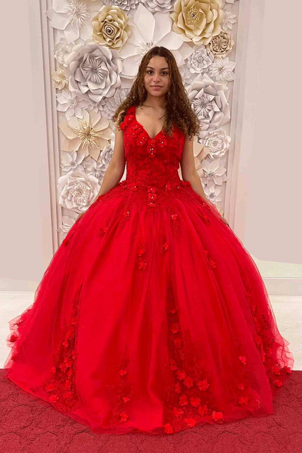 Red Quinceanera 3D Flower Ball Gown