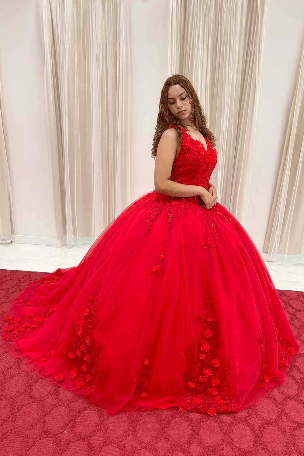 3D Flower Applique Prom Ball Gown
