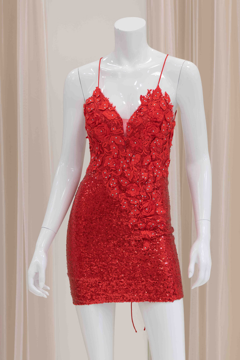Red Sequin Leafy Applique Tie Back Mini Dress 