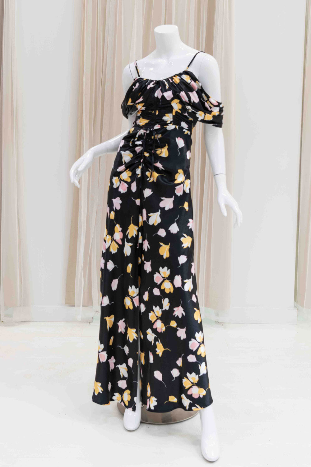 Off shoulder Satin Black with Floral Print Maxi Dress