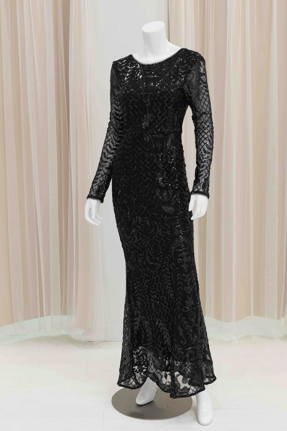 Long Sleeve Sequin Evening Gown in Black