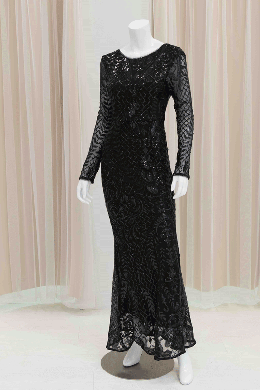 Long Sleeve Sequin Evening Gown in Black