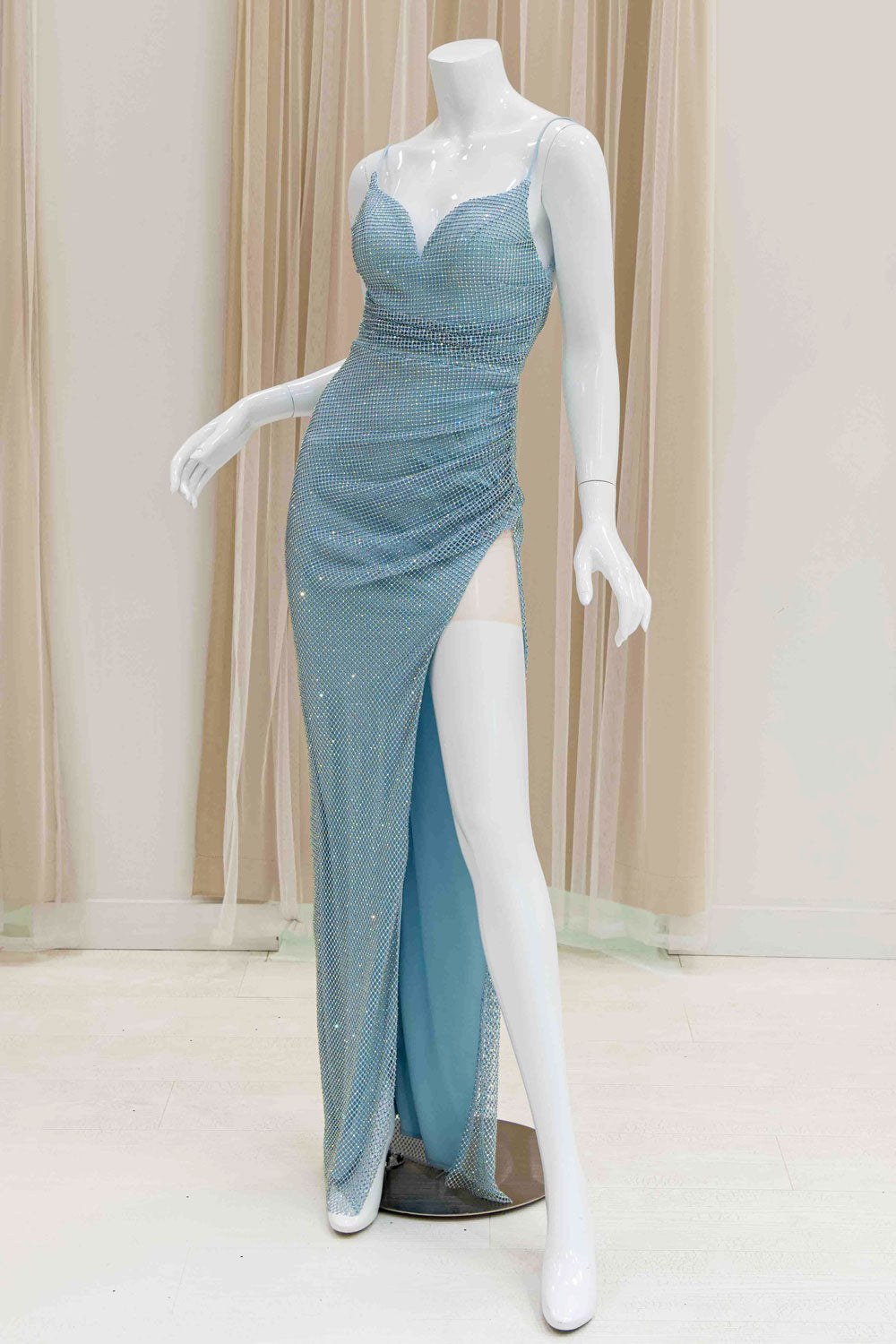 Rhinestone Mesh Evening Gown in Baby Blue