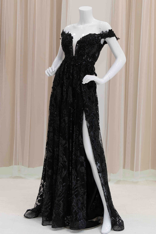 Glitter Off-Shoulder A-line Dress in Black
