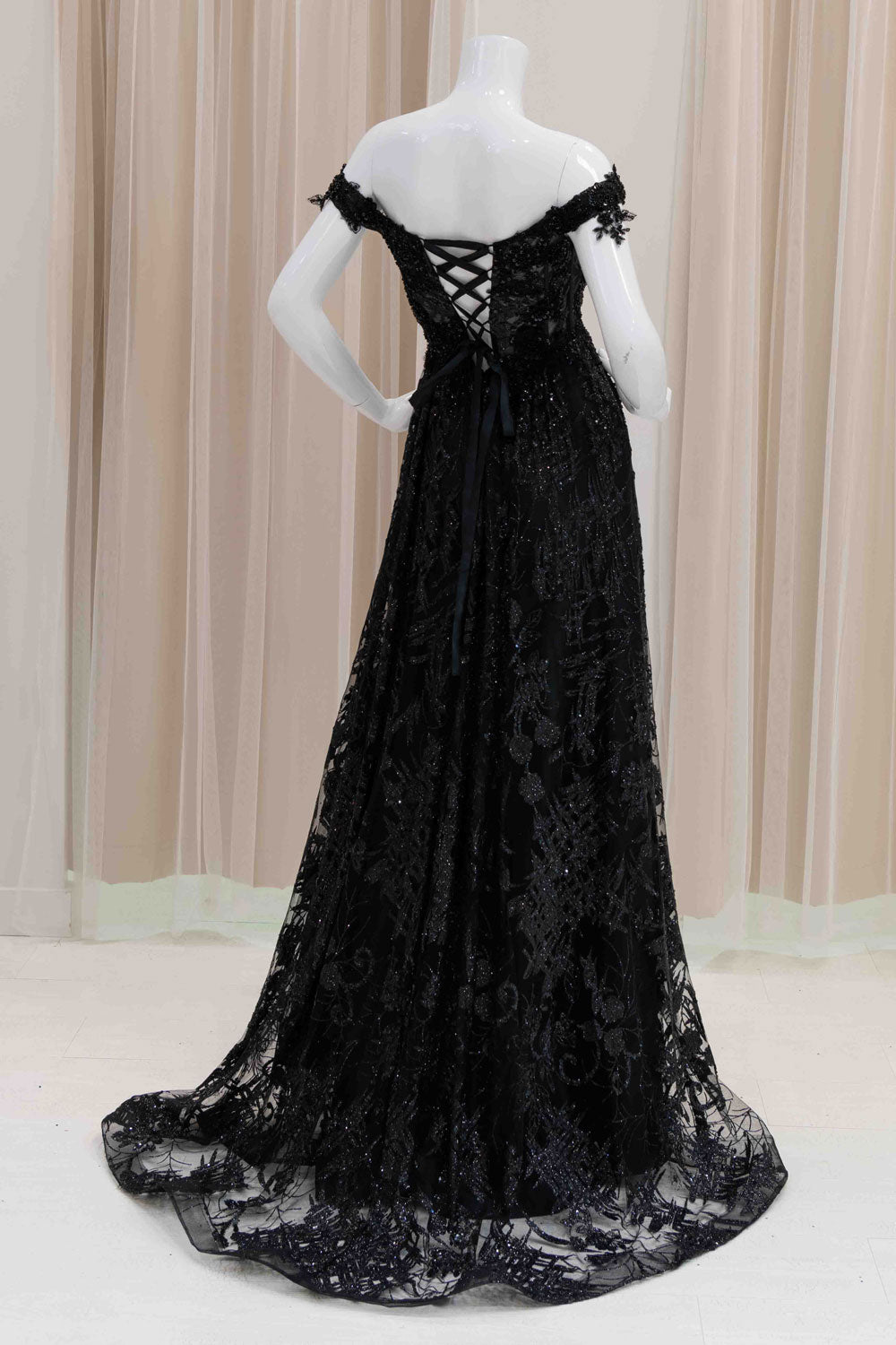 Off-Shoulder Black Glitter Ball Gown