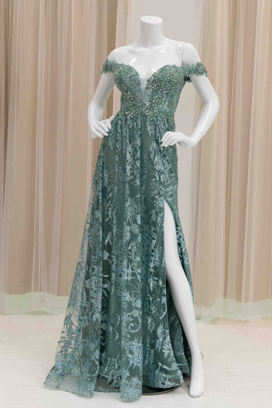 Off Shoulder Glitter A-line Gown in Sage Green