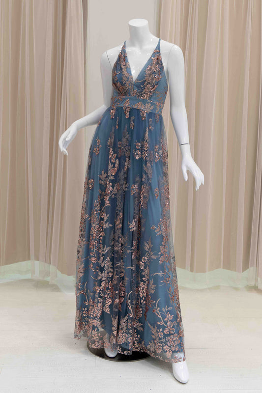 Slate Blue And Rose Gold Glitter A-Line Evening Gown