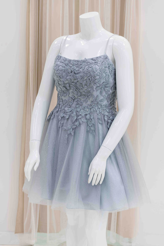 Silver Leaf Applique Short Cocktail Dress