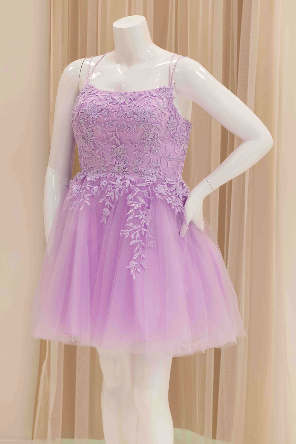 Leafy Vine Embroidered Bodice Tie Back Tulle Skirt Party Dress in Lavender